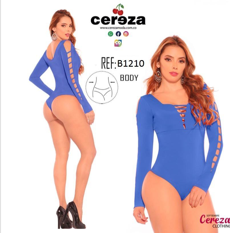 Body Colombiano Reductos con Mangas Largas y con Agujeros Decorativos, Color Azul, Marca CEREZA